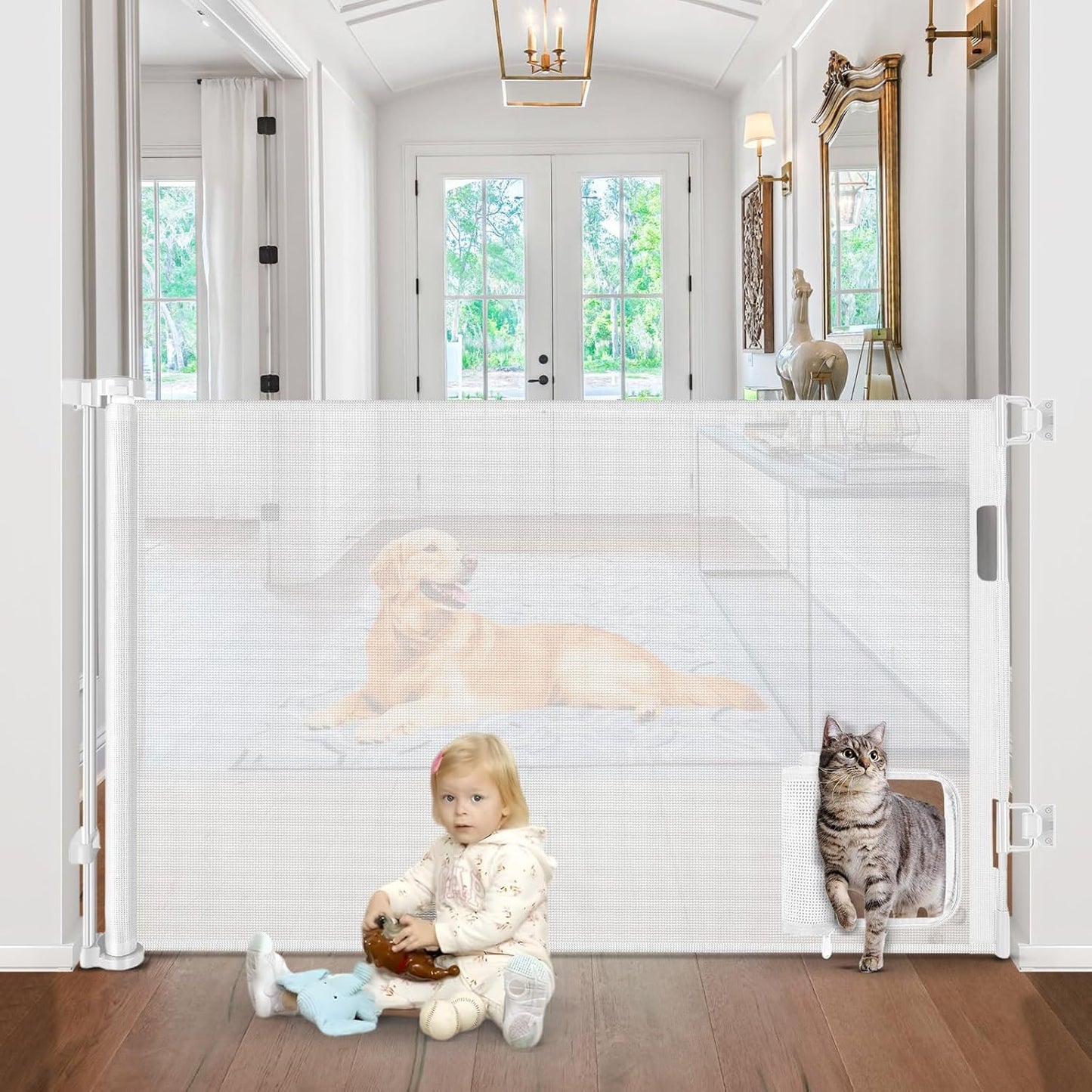 Retractable Baby Gates with Door 55" Wide Retractable Dog Gate with Pet Door Outdoor Retractable Gate for Dogs Mesh Baby Gate Retractable Pet Gate with Cat Door Retractable Child Gates for Doorways