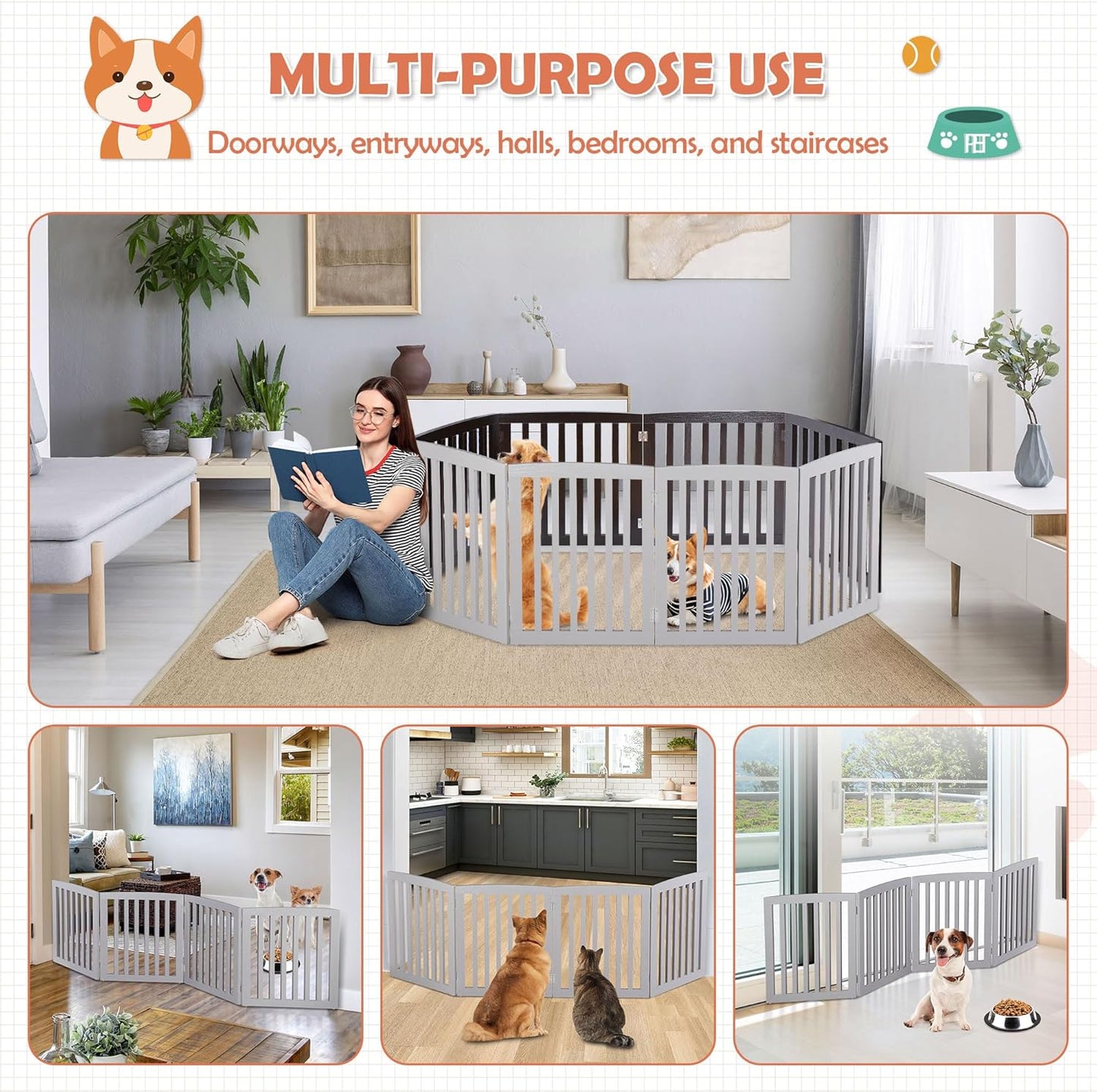 Freestanding Pet Dog Gate 36 Inch Foldable Fence Indoor 3 Panel Extra Wide Wooden Dog Door for Stairs Hallways Doorways
