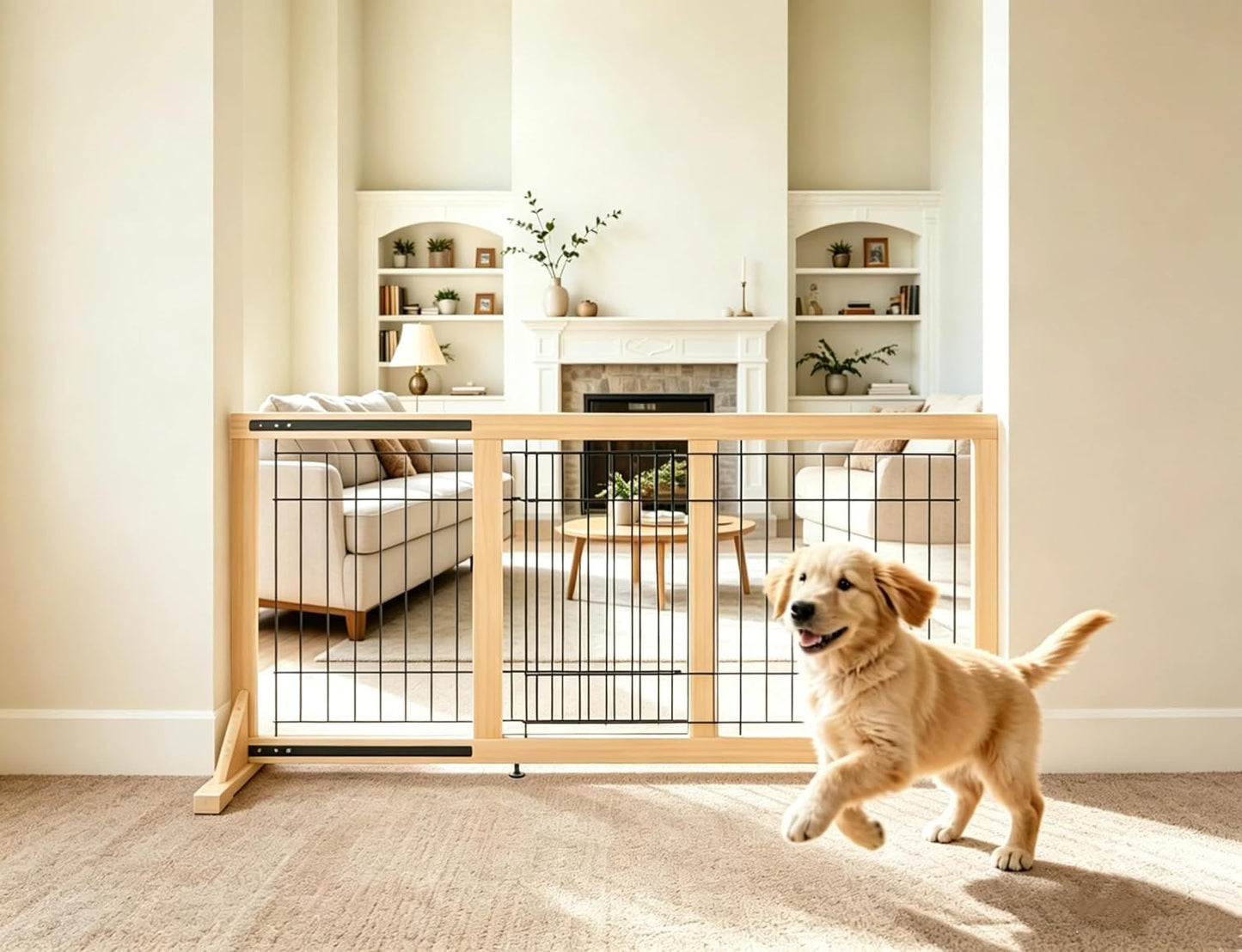 Extra Wide Freestanding Dog Gate, Adjustable Width 31.5"–61", 19.7" Tall Indoor Pet Gate for Kitchen, Living Room & Stairs, Wooden Metal Frame No-Drill Pet Barrier