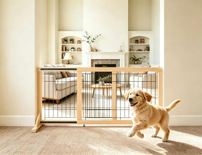 Extra Wide Freestanding Dog Gate, Adjustable Width 31.5"–61", 19.7" Tall Indoor Pet Gate for Kitchen, Living Room & Stairs, Wooden Metal Frame No-Drill Pet Barrier