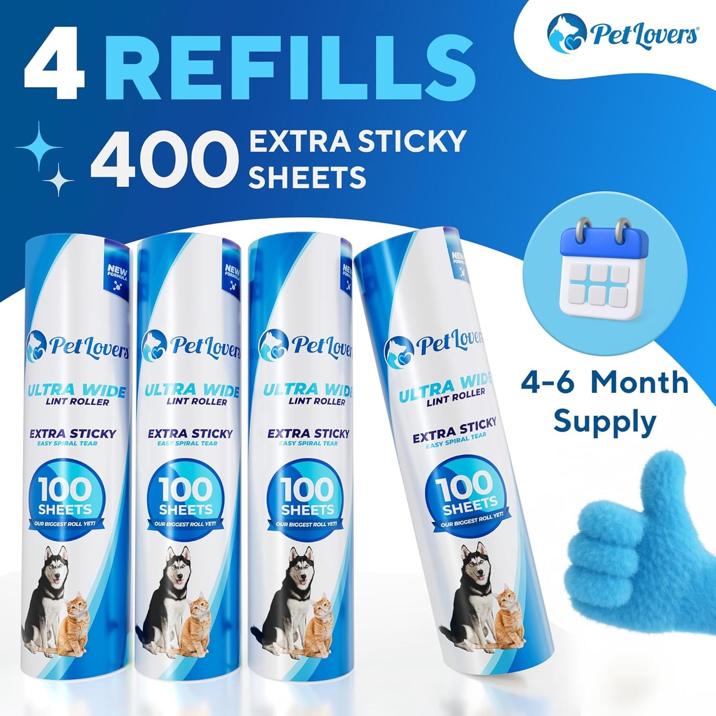 PetLovers Extra Sticky Lint Roller Mega Value Set 600 Sheets for Pet Hair Removal, Dog and Cat Lint Remover 6 Pack
