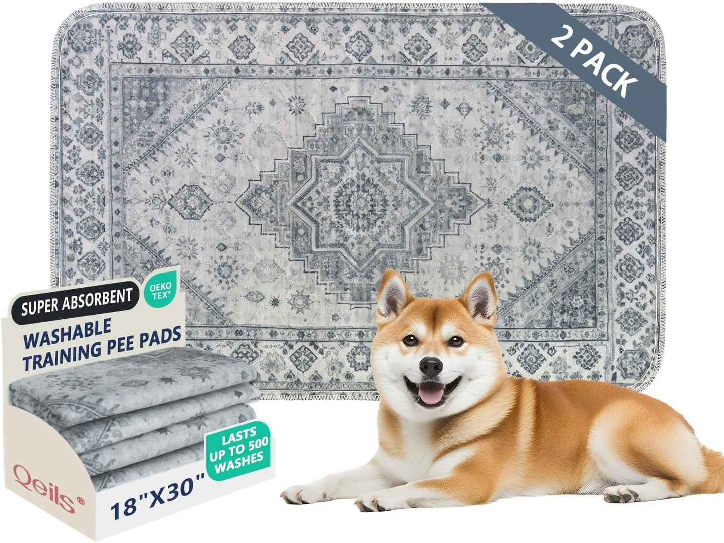 Qeils Washable Pee Pads, Reusable Puppy Pads Super Absorbent Leakproof Dog Training Pads, Non-Slip Wee Wee Pads for Crate, Floor, Potty Pads Feeding Mat Dog Pee 2 Pack 18"x30"