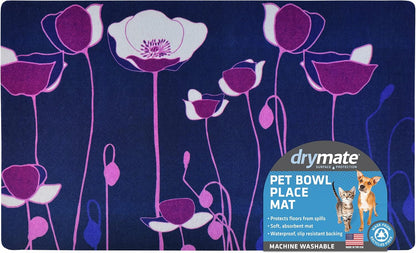 Drymate Pet Bowl Placemat, Dog & Cat Food Feeding Mat - Absorbent Fabric, Waterproof Backing, Slip-Resistant - Machine Washable/Durable (USA Made) (12” x 20”) (Indigo)