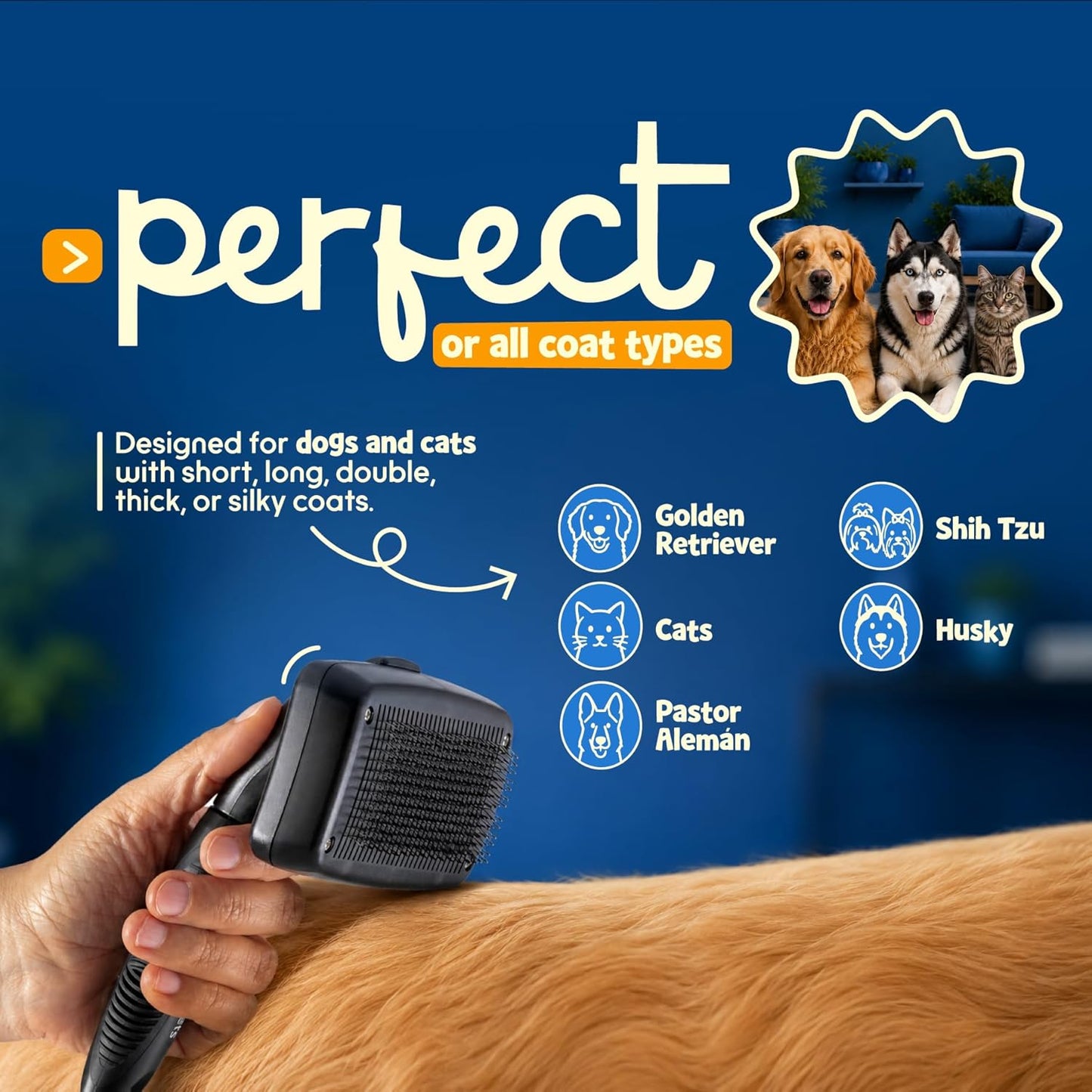 Be Best Pets Slicker Brush for Dogs & Cats - Self Cleaning Dog Brush for Shedding & Grooming - Gentle Bristles Pet Hair Remover Detangling Brush for Undercoat, Tangles & Loose Fur Removal