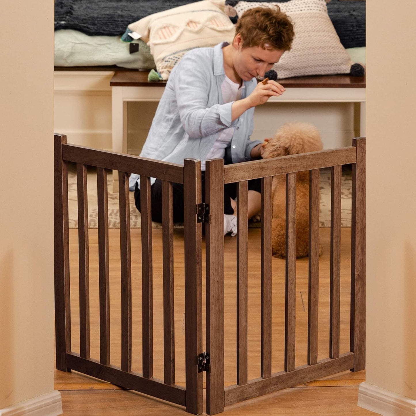 LZRS 2-Panel Wooden Free Standing Foldable Dog Gate Indoor – Solid Hardwood 24" High, Step-Over Safety Pet Gate for Doorways, Stairs & Small Spaces - Indoor Use, White