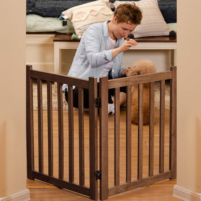 LZRS 2-Panel Wooden Free Standing Foldable Dog Gate Indoor – Solid Hardwood 24" High, Step-Over Safety Pet Gate for Doorways, Stairs & Small Spaces - Indoor Use, White