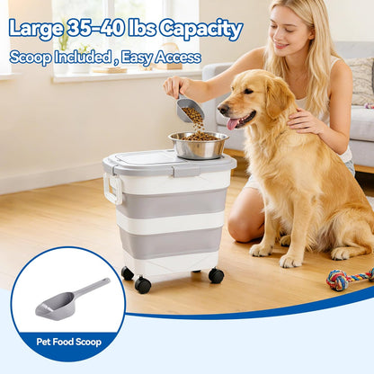 Dog Food Storage Container 30-40lbs, Airtight Pet Food Bin with Locking Lid & Clear Window, Collapsible Rolling Storage Container with Wheels & Scoop, Gray