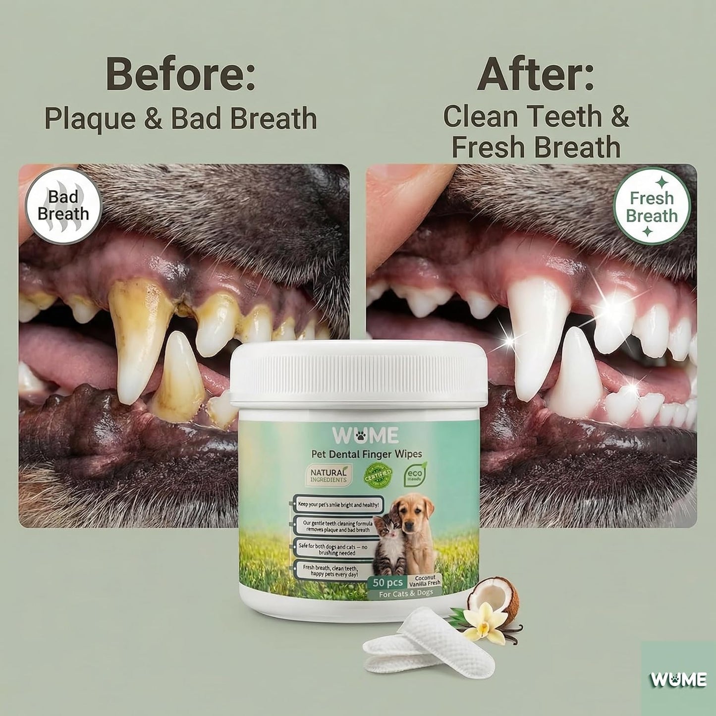 WUME Pet Dental Finger Wipes for Dogs & Cats Vet-Inspired Teeth Cleaning Wipes, Toothbrush Alternative, Gentle, Alcohol-Free, Disposable, 50 Counts