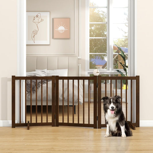 36" H Freestanding Dog Gate, Solid Wood Foldable Pet Gate with Support Feet, Wooden Tall Dog Gate for Doorway, Stairs & Indoor Use, 60" Wide Expandable Pet Fence, 3 Panels, Walnut