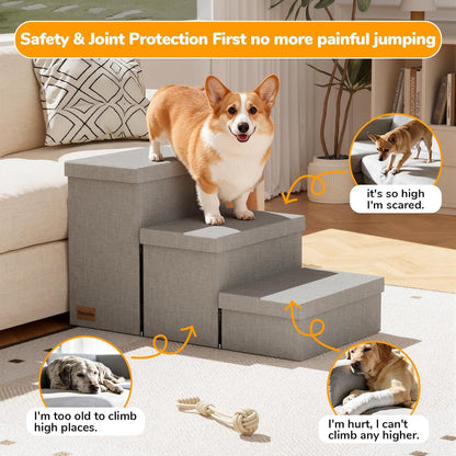 3-Step Wide Dog Stairs with Hidden Storage 18" H, Non-Slip Dog Steps for High Bed Couch Window Car, Jiont-Friendly Pet Stairs Ramp for Small/Medium/Large Old Dogs Cats Up to 200lbs, Grey