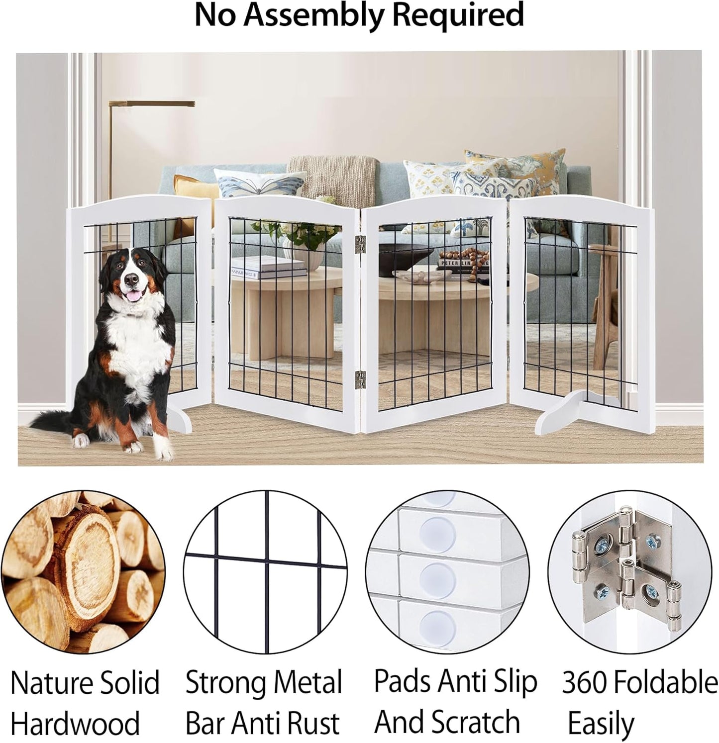 LZRS 2-Panel Freestanding Foldable Wood Dog Gate – Solid Wood & Steel Wire, Chew-Resistant Pet Barrier for Indoor Use, Ideal for Small to Medium Dogs, White