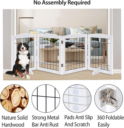 LZRS 2-Panel Freestanding Foldable Wood Dog Gate – Solid Wood & Steel Wire, Chew-Resistant Pet Barrier for Indoor Use, Ideal for Small to Medium Dogs, White