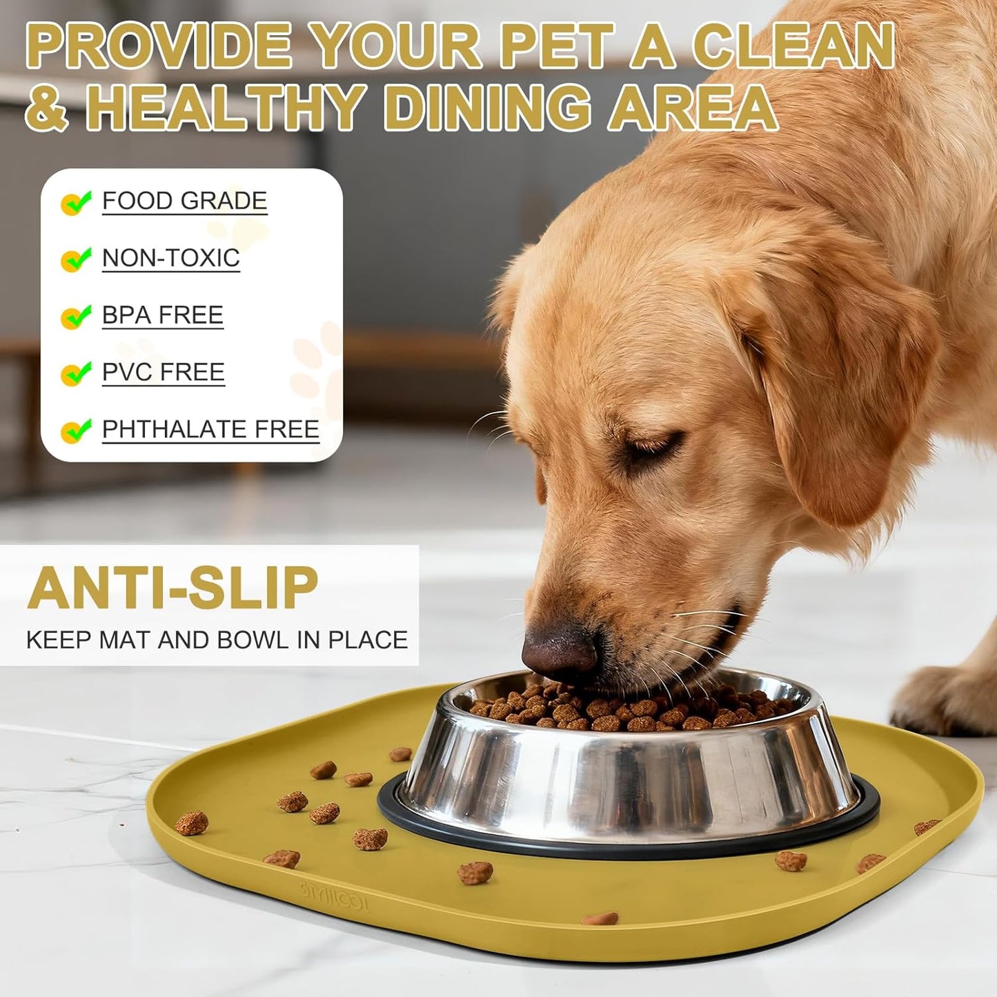 Small Silicone Pet Food Mat with Raised Edge for Food and Water Bowl, Square Dog Feeding Mats, Cat Food Trays for Floor Waterproof, Rubber Tray for Dogs and Cats, 12 x 12 x 0.7 Light Olive Green