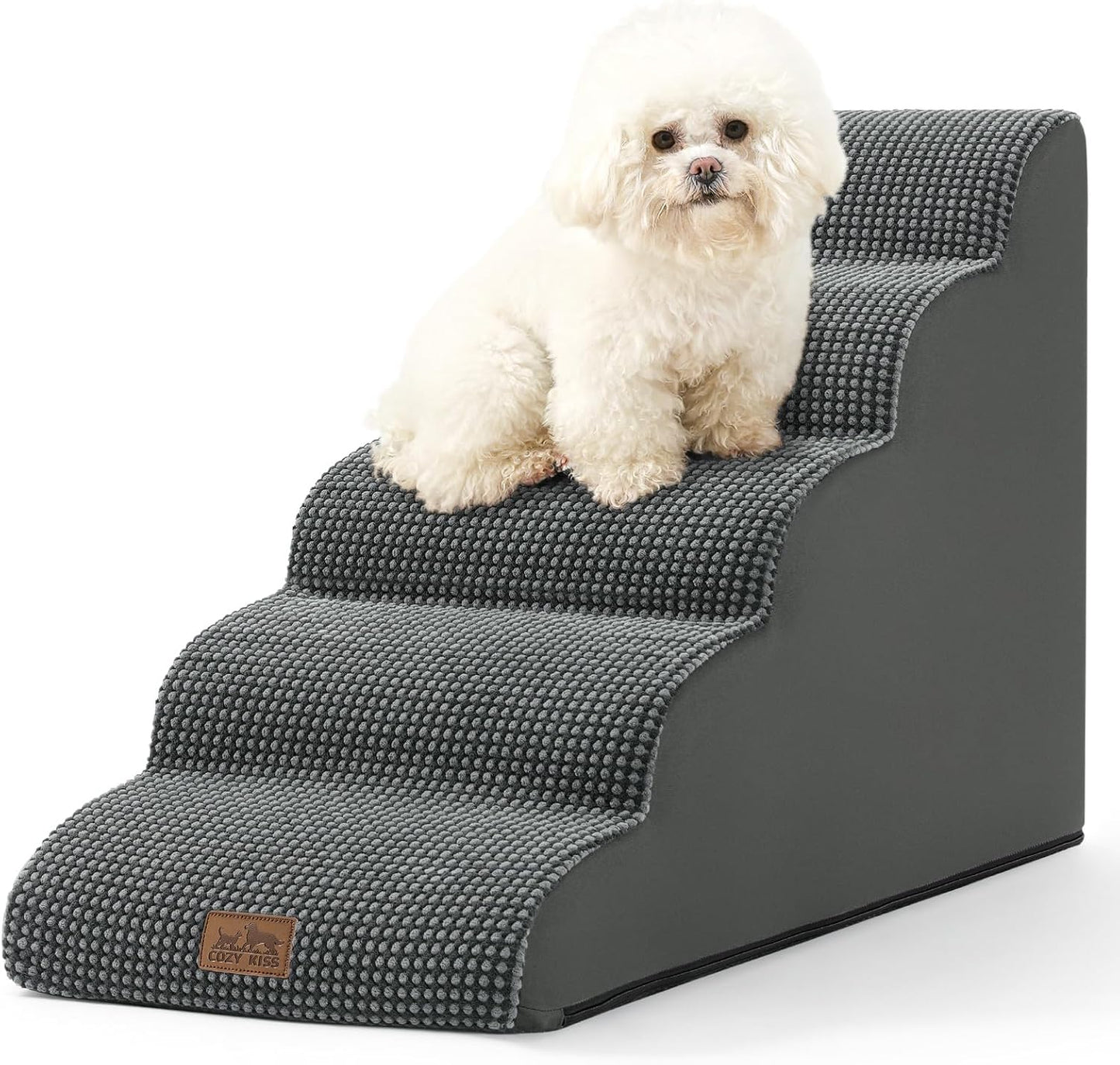 COZY KISS Dog Stairs for Small Dogs 15.7" H, Curved Dog Step for Puppy, Older Cat, Medium Pet Ramp for Sofa, Couch or Chair, Ladder with High Density Foam, 3 Step, 15.7x22.4x15.7 inch, Beige