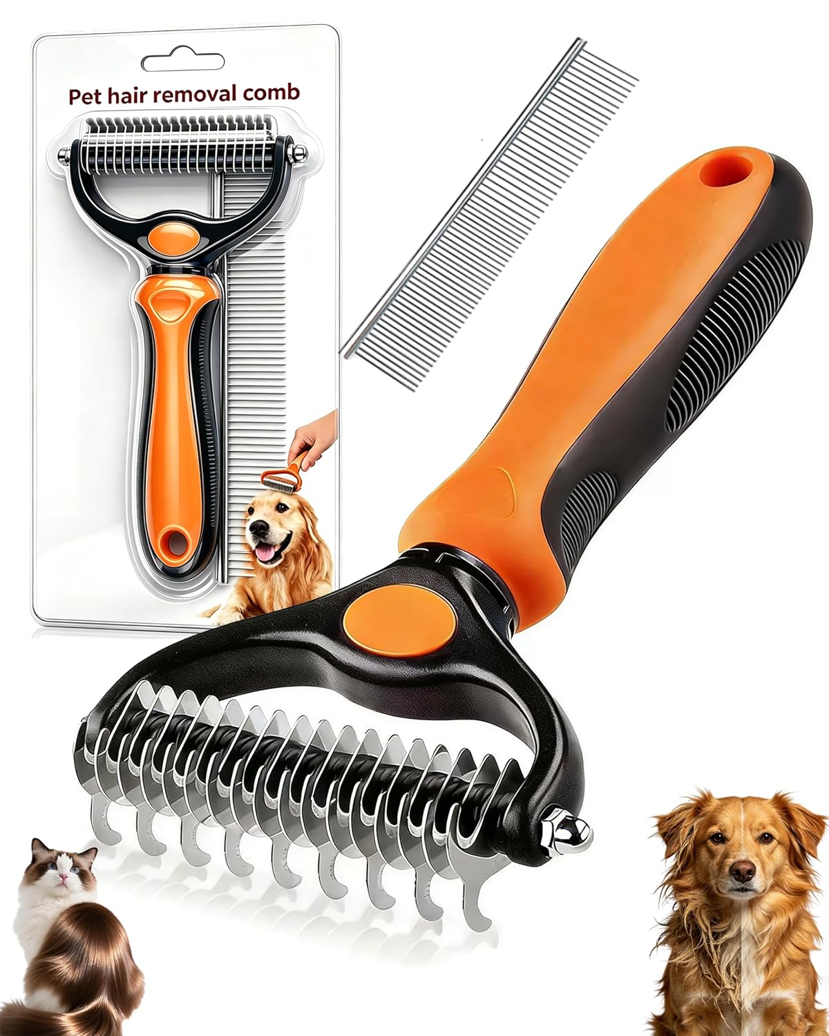 Dual-Sided Pet Grooming Comb for Dogs & Cats – 2-in-1 Dematting Brush & Undercoat Rake for Long, Thick, Curly & Double-Coated Pets (2pcs-Pink)