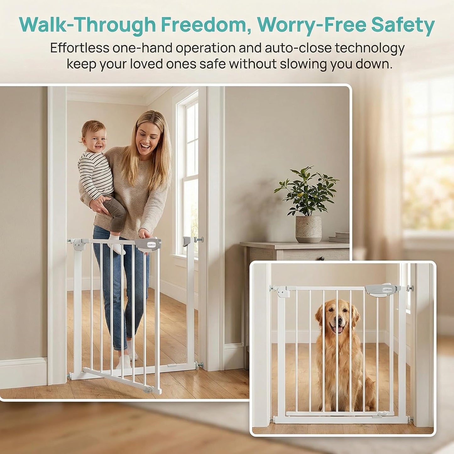 Safety Gate for Stairs & Doorways, Auto-Close Baby Gate or Dog Gate – Pressure Mount No Drilling, 30" Tall All Metal Frame with Dual Locking System (White, 30" Tall 29"-33" Wide)