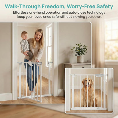Safety Gate for Stairs & Doorways, Auto-Close Baby Gate or Dog Gate – Pressure Mount No Drilling, 30" Tall All Metal Frame with Dual Locking System (White, 30" Tall 29"-33" Wide)