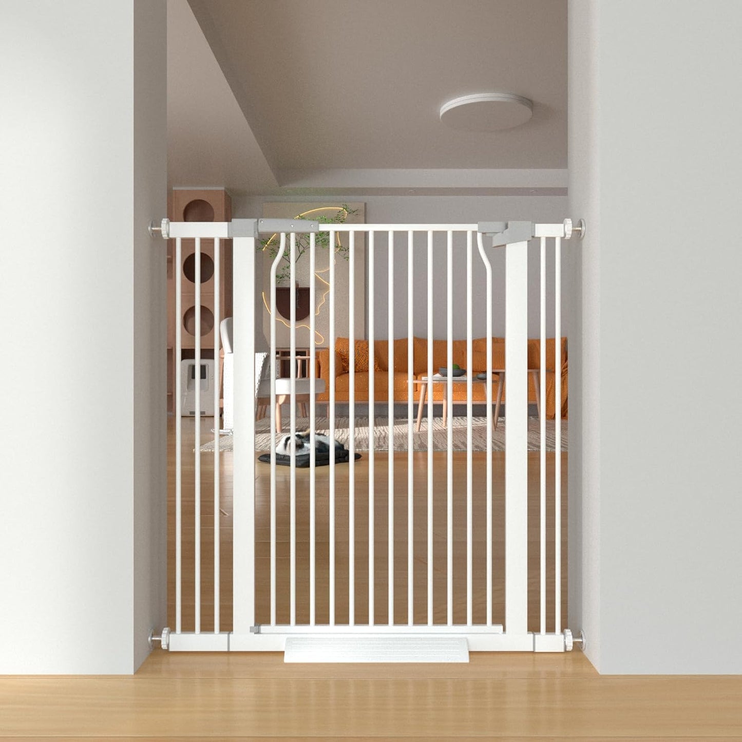 41" Extra Tall Cat Gate for Doorway, 49.2-54.7 Metal Pet Baby Safe Gate, Extra Wide Pressure Mounted Child Door with Expansion Kit, No Drilling No Climb Cat Fence Indoor, Tall Dog Gate, White