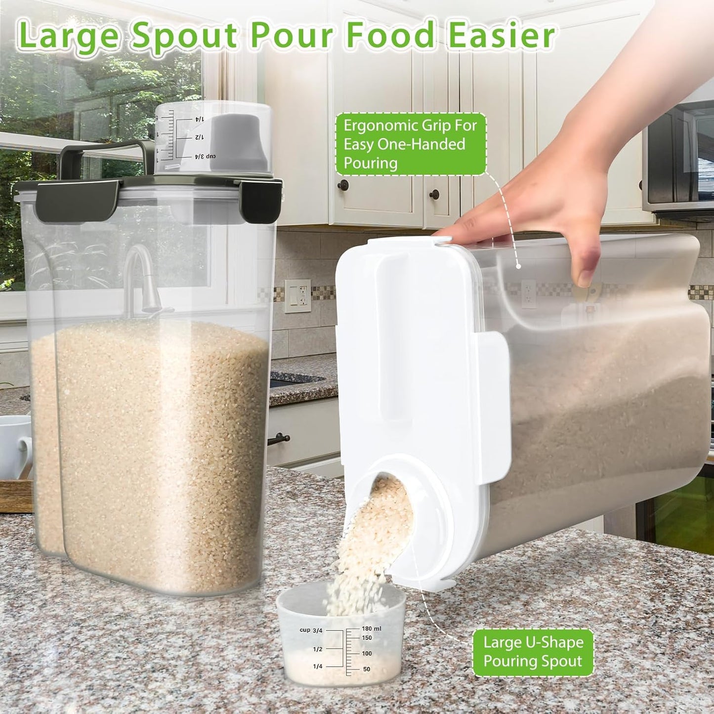 Viretec Rice Airtight Storage Container, 3 to 5Lbs Cereal Dry Food Flour Bin, Pet Dog Cat Food Dispenser with Measuring Cup, BPA Free Clear Plastic Kitchen and Pantry Organization Bin for Sugar