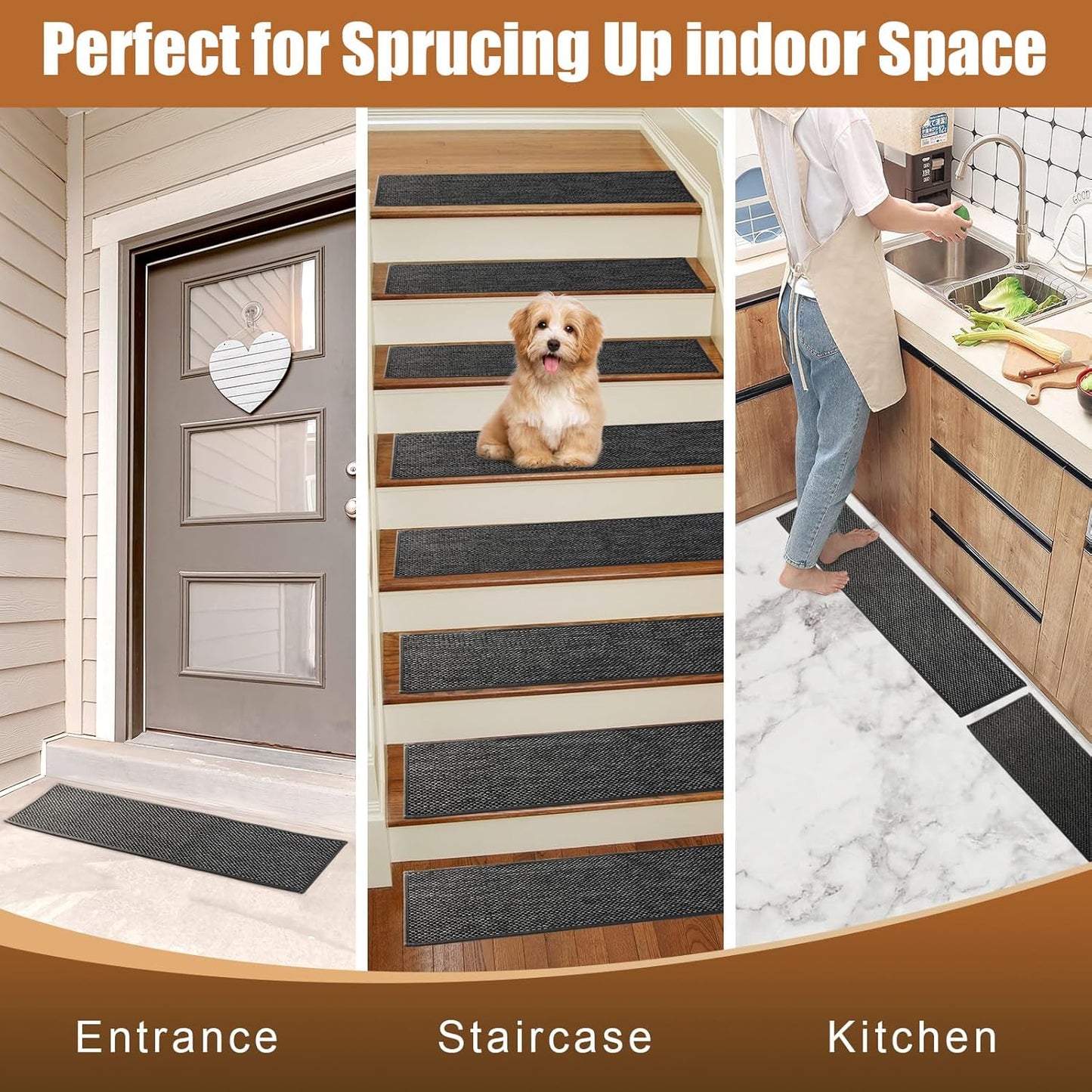 FlowaFoli Stair Treads for Wooden Steps Indoor,8" X 30" (15 in Pack) Stair Treads Non Slip, Machine Washable for Kids Elders and Pets,Beige