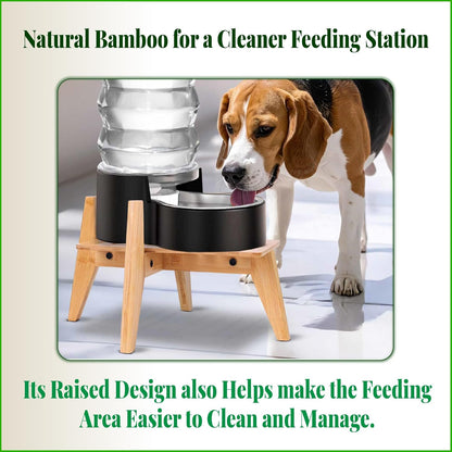 Dog Bowl Stand (14-inch High) - Ideal for Large Breeds, Use to Elevate, Raise Pet Dishes, Water Fountains and Slow Feeders - Adjustable Sideways, Bamboo - (Bowls not Included)