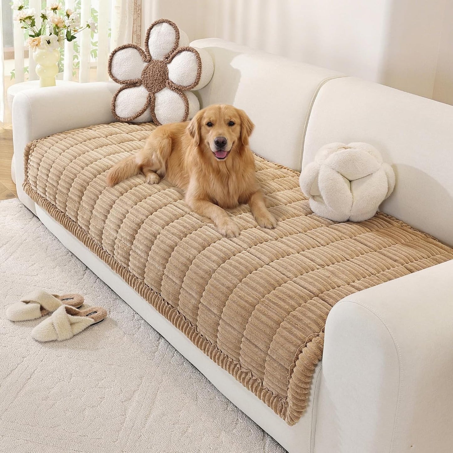 OstepDecor Couch Cover for Dogs, Washable Non Slip Sofa Cover for Pets, Soft Couch Covers for Sofa, Loveseat and Sectional, Furniture Protector Against Pet Hair & Scratches (27.6" x 27.6", Khaki)