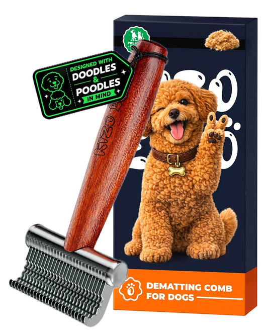 KIZO ESLO Dog Dematting Brush & Undercoat Rake for Doodles, Poodles & Long-Haired Pets, Detangling Comb for Thick Curly Coats, Removes Mats, Knots & Tangles, Stainless Steel Teeth with Wooden Handle