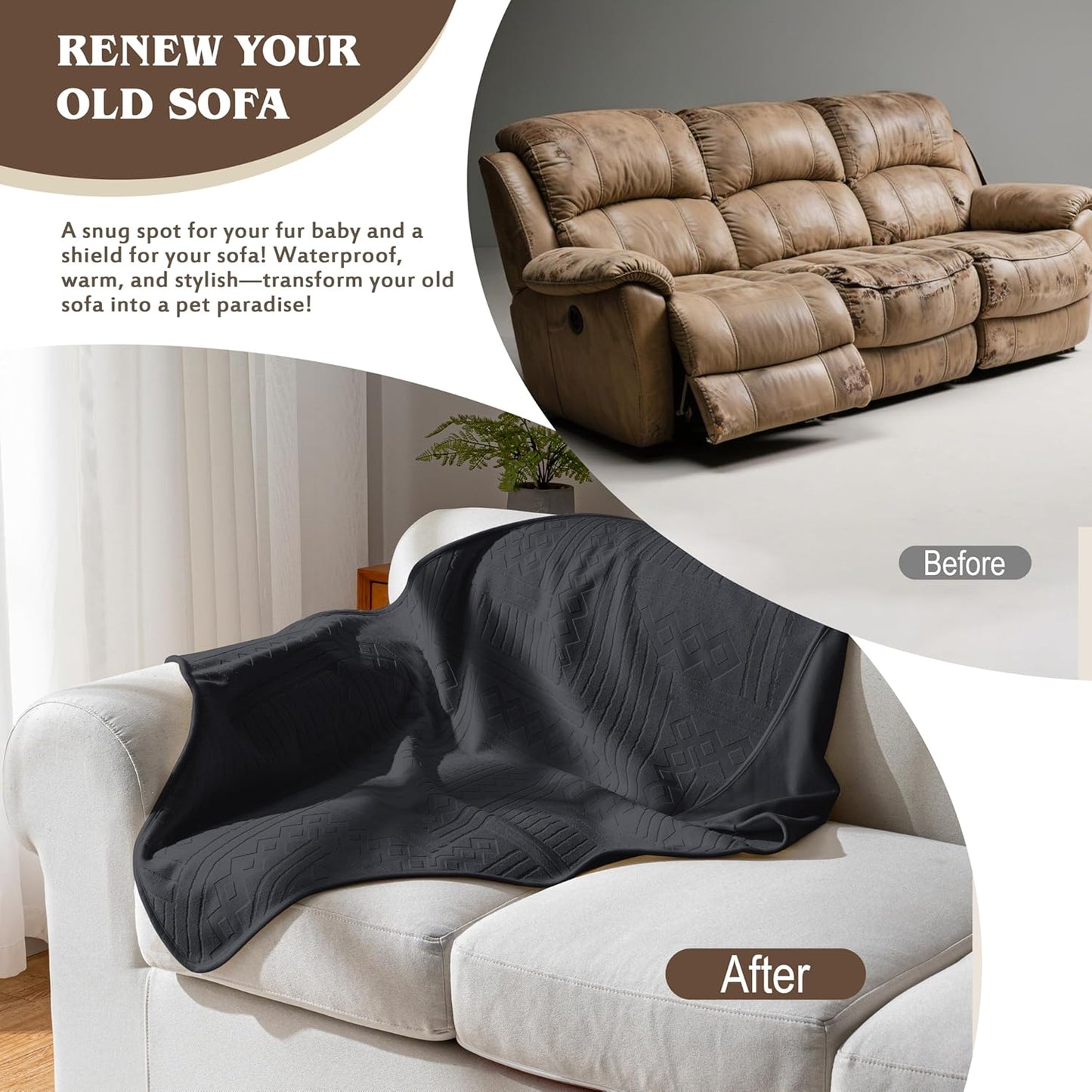 Waterproof Couch Cover, Reversible, Pet-Friendly, Washable and Anti-Slip Couch Covers for Sofa Protection with 3 Cushions, Sofa Slipcovers for Dogs and Cats (71×118in/Brown)