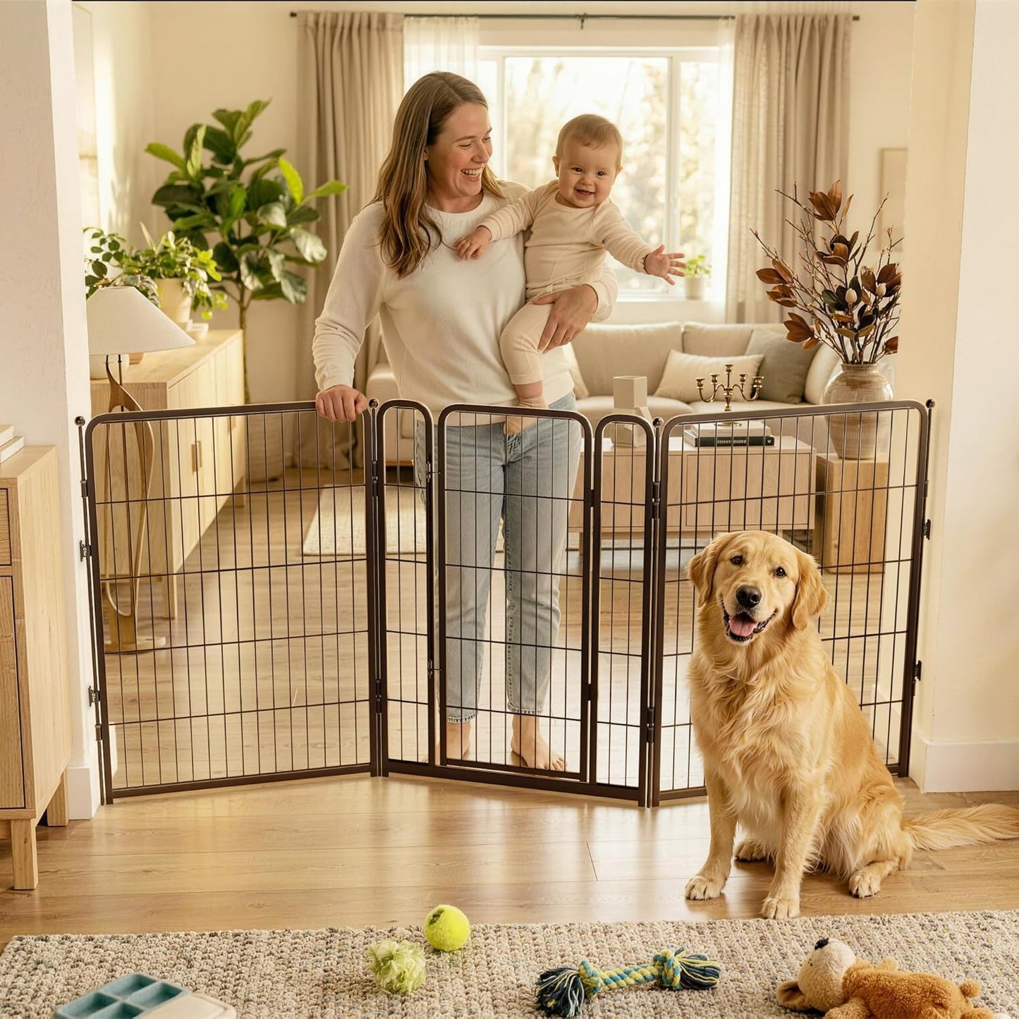 FXW Dog Gate Extra Wide Designed for Indoor Use, Adjustable Width Up to 183-inch Wide (24" H 8 Wire Panels for Puppies and Small Dogs), Black