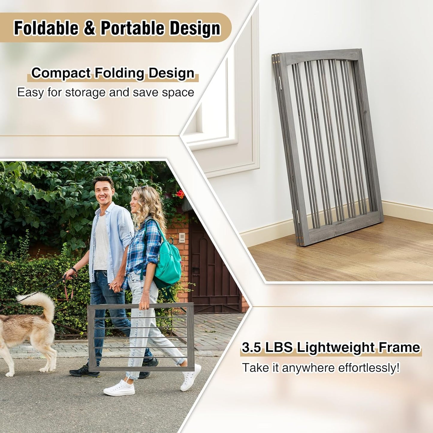 PETSITE 3-Panel Foldable Dog Gate Indoor, 30 Inch Height Wooden Freestanding Pet Fence for Stairs, Hallways, and Doorways, Ideal for Small Sized Pets (Grey)