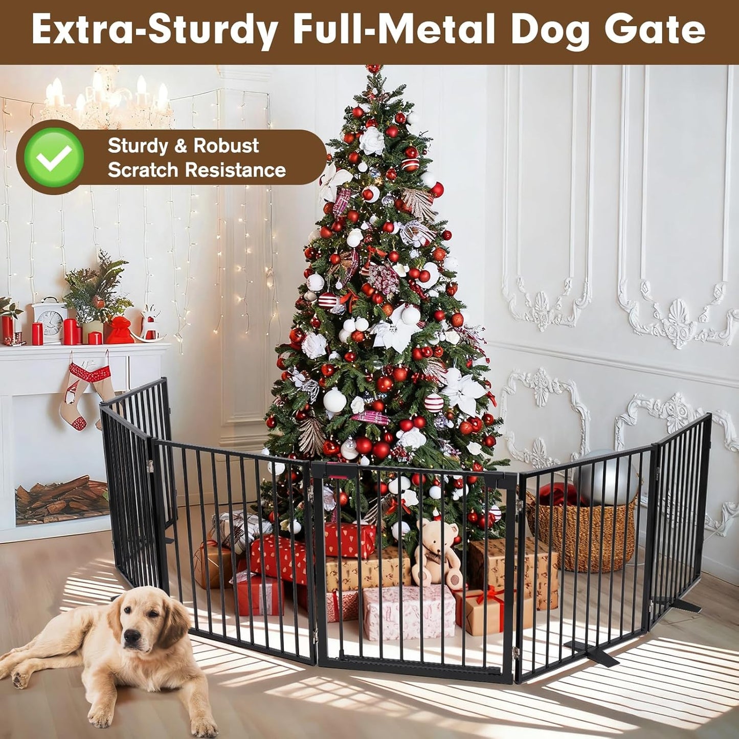 104" Extra Wide Dog Gate, Heavy Duty Metal Freestanding Dog Gate with Door for Indoor & Outdoor, Foldable Pet Fence for Doorways,House,Porch,Deck,Yard,Stairs, Auto Close(4 Panels,Black)