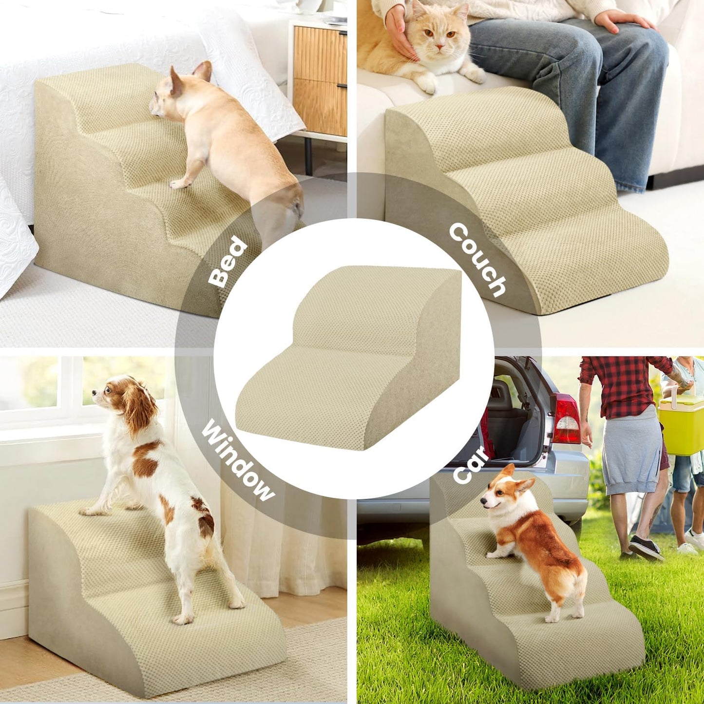 Dog Stairs for Small Dogs, 3 Tiers High Density Foam Dog Ramp, Extra Wide Non-Slip Pet Steps for High Beds Or Couch, Soft Foam Doggie Ladder for Dogs Injured, Older Pets, Small Cats