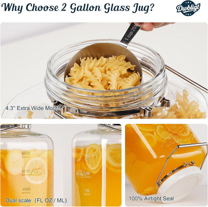 2 Pack 2 Gallon Glass Jar with Airtight Lid, 256 Oz Large Wide Mouth Mason Jar with Non-slip Base & Stainless Steel Handle - Glass Food Storage Containers for Flour, Cereals, Rice and Picking