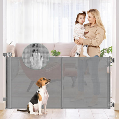 Reinforced 85 Inch Wide Retractable Dog Gate Extra Long Baby Gate with Support Rods – Prevent Crawling Under, Indoor Extra Wide Retractable Baby Gate Retractable Gate Outdoor Gates for Decks, White