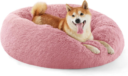 Bedsure Calming Dog Bed Medium Size Dog - Donut Washable Medium Pet Bed, 30 inches Anti-Slip Round Fluffy Plush Faux Fur Cat Bed, Fits up to 45 lbs Pets, Camel