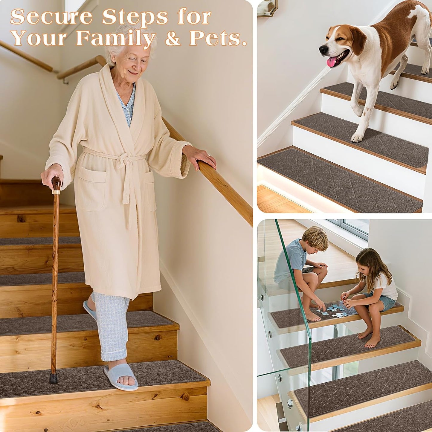 Stair Treads for Wooden Steps 15 PCS - 8’’ x 30’’, Non Slip Stair Runner, Machine Washable Stair Rugs Strips for Kids Pets and Elderly, Indoor Carpet for Stairs (Grey)