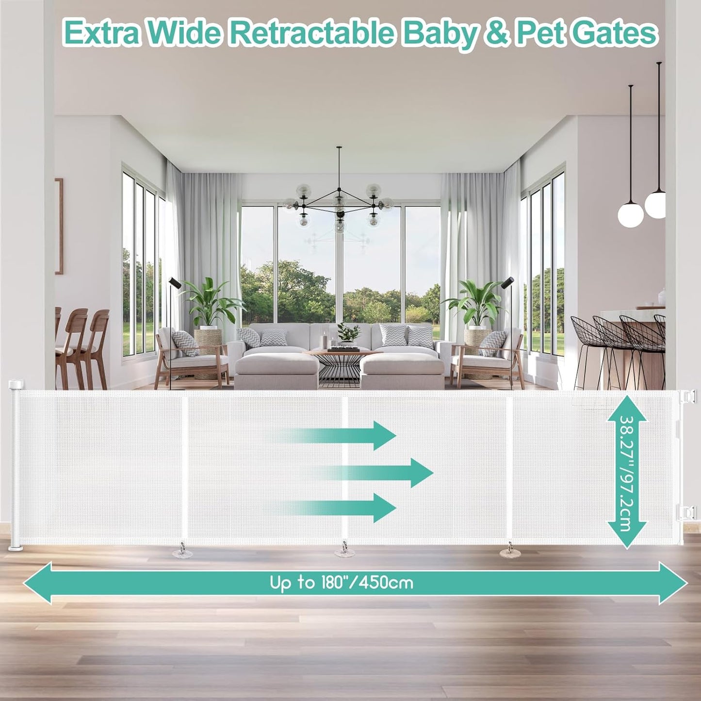 Upgrade 120 inch Retractable Baby Gates, EZIGO Extra Wide Baby Gate for Large Opening Extra Long Mesh Gate for Kids or Pet Dog Gate Child Safety Gate for Stairs Hallways Doorway Indoor Outdoor, Gray