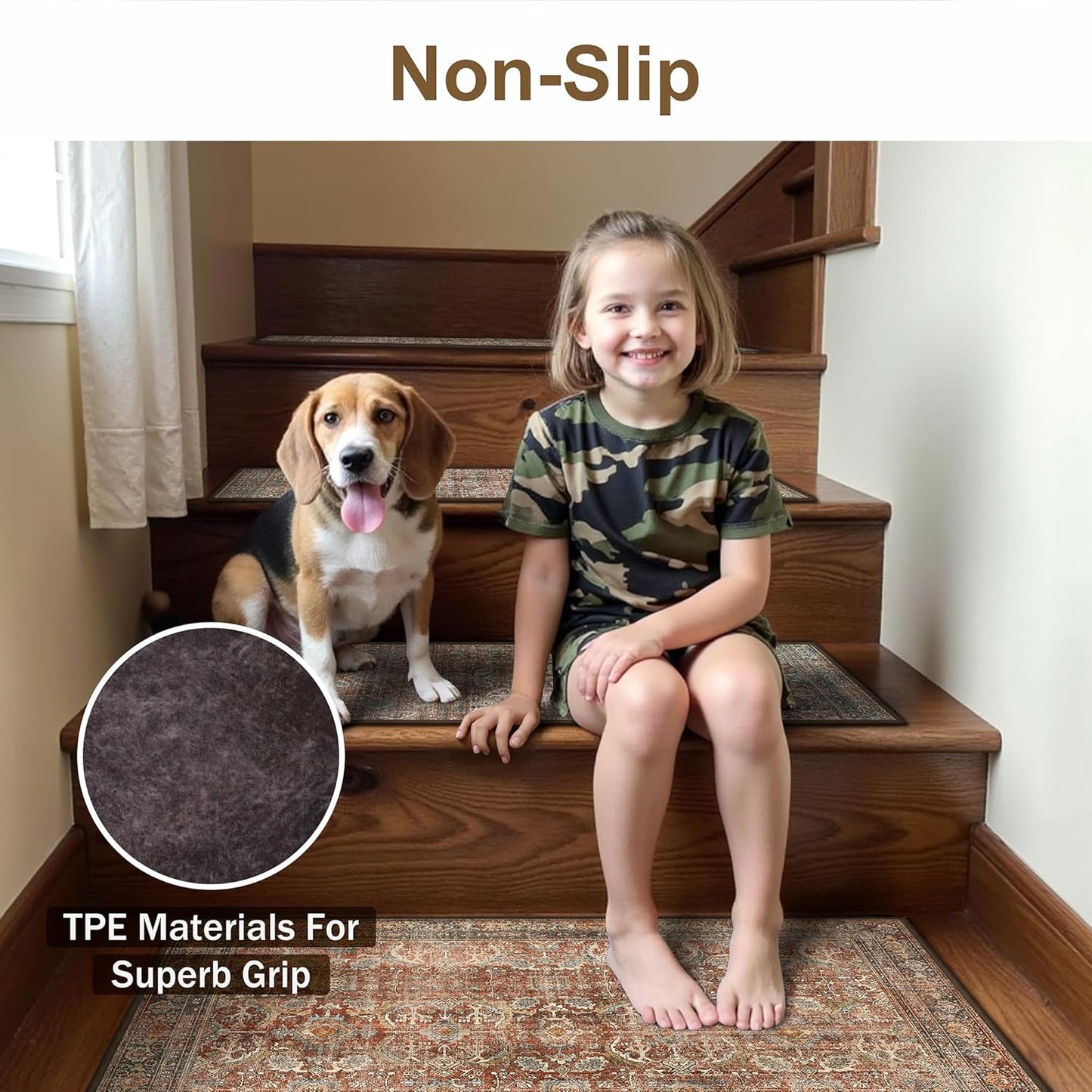 sarben Non Slip Stair Treads for Wooden Steps 15PCS - 8"x30" Indoor Safety Carpet, Edging Mats with TPE Adhesive Backing, Pet and Elderly Friendly Stair Rugs (Taupe) - Colors B