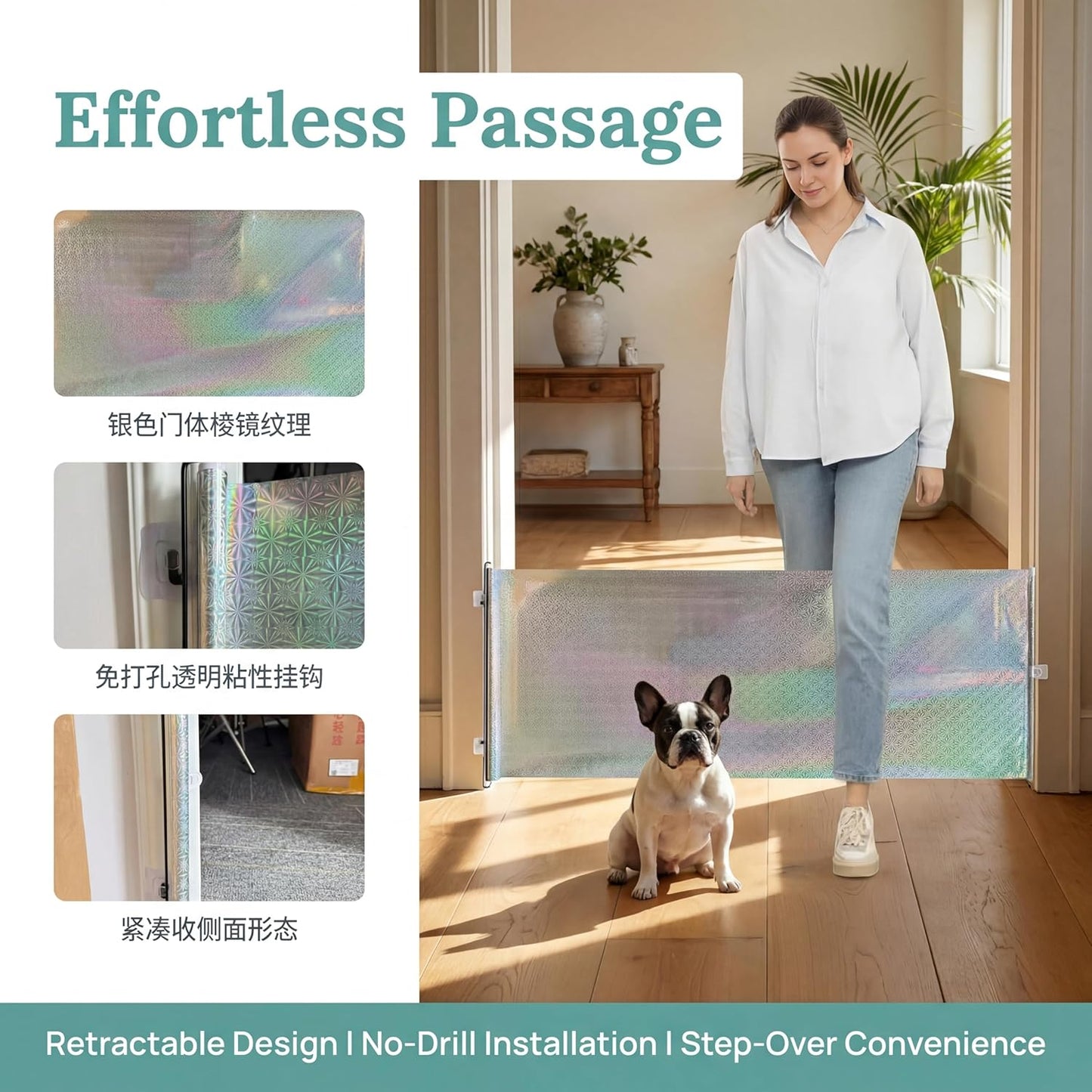 17" Step Over Retractable Dog Gate, 49" Wide Adjustable No-Drill Pet Barrier, Plastic Indoor Puppy Gate for Doorways Stairs Hallways, Small Dog Containment with Adhesive Hooks