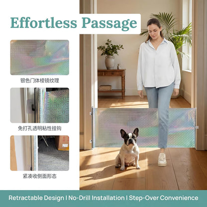 17" Step Over Retractable Dog Gate, 49" Wide Adjustable No-Drill Pet Barrier, Plastic Indoor Puppy Gate for Doorways Stairs Hallways, Small Dog Containment with Adhesive Hooks