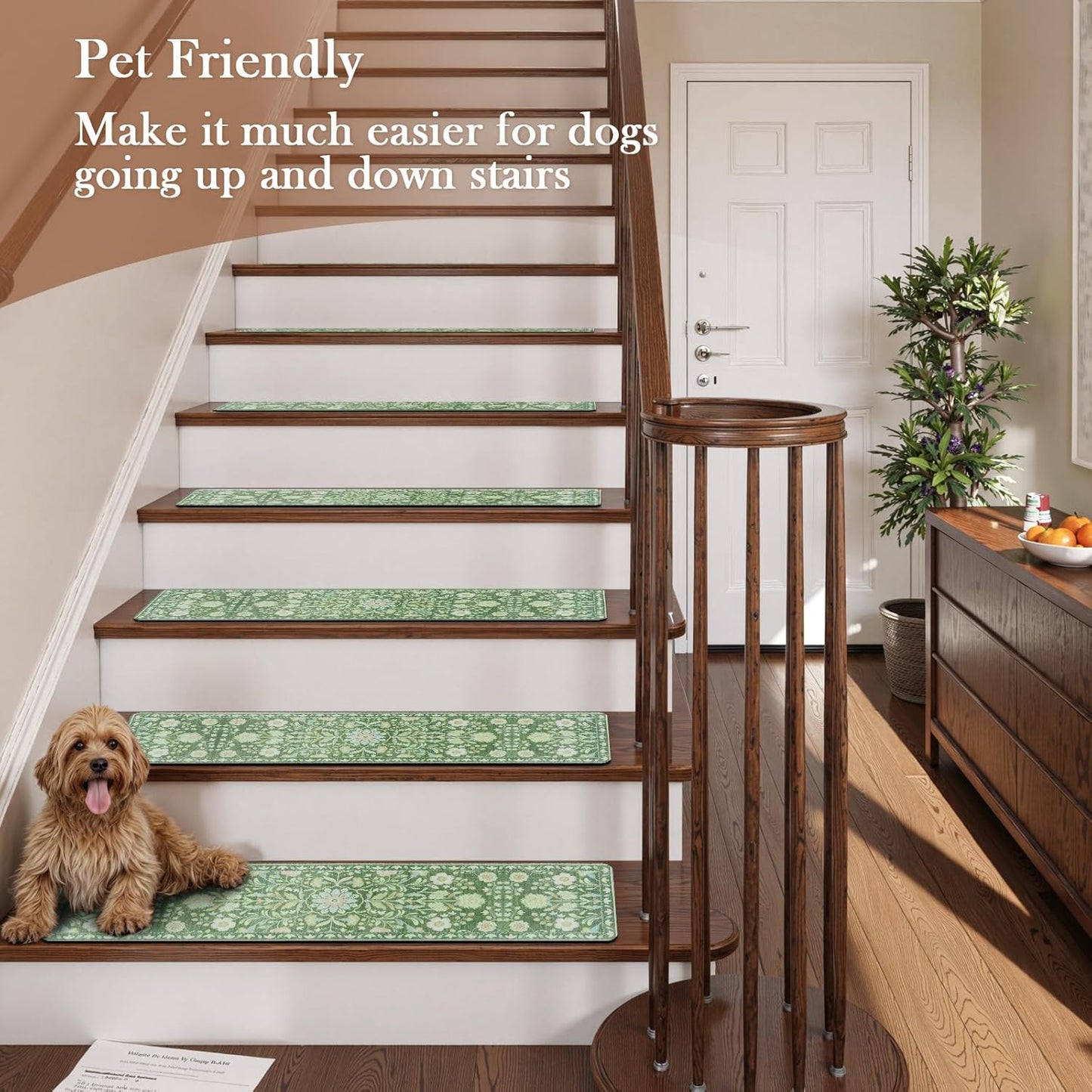 OJIA Floral Stair Treads Non-Slip Stair Runner for Wooden Steps Indoor 15PCS 30"x8" Carpet Stair Treads Stair Mats Staircase Step Treads for Kids, Elders and Dogs, Stair Covers, Black
