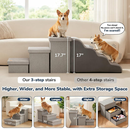 3-Step Wide Dog Stairs with Hidden Storage 18" H, Non-Slip Dog Steps for High Bed Couch Window Car, Jiont-Friendly Pet Stairs Ramp for Small/Medium/Large Old Dogs Cats Up to 200lbs, Grey