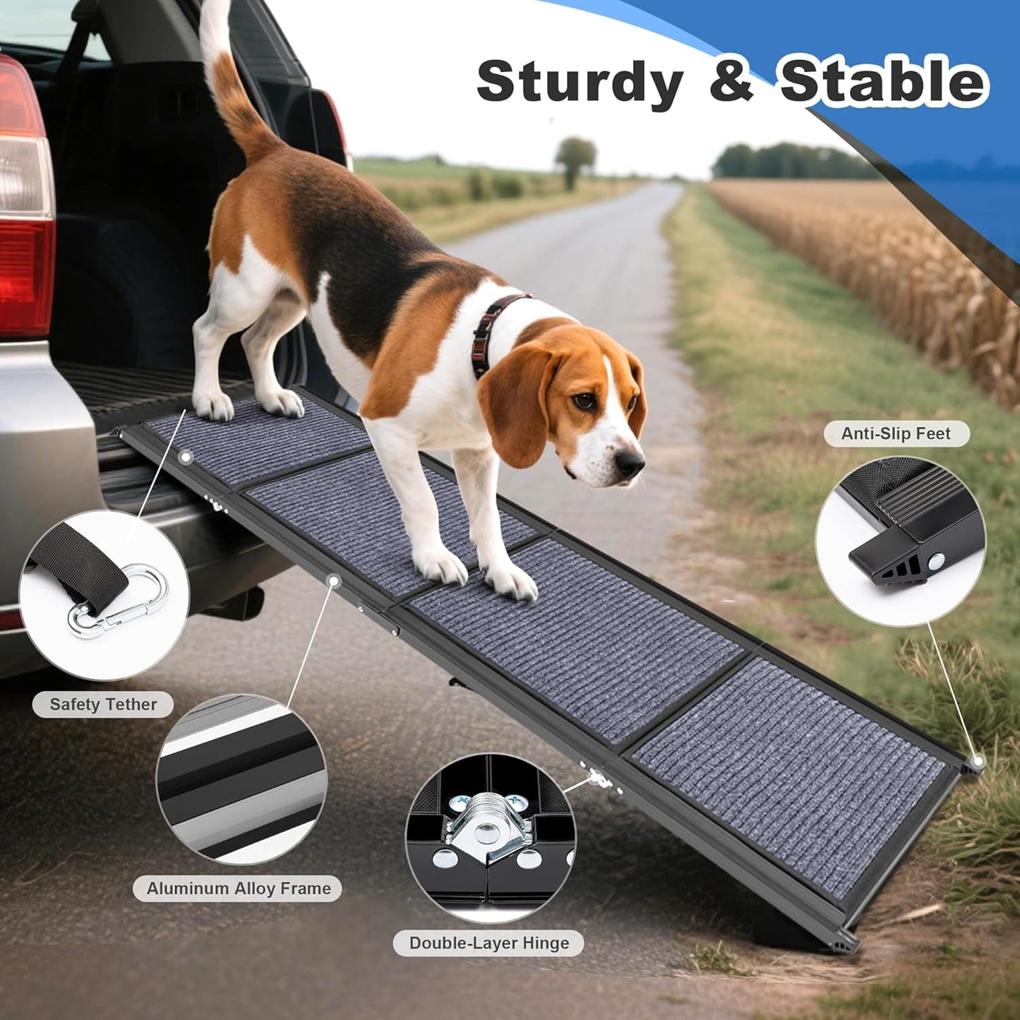 COSIEST Dog Ramp for Car, 63" L x 17.3" W Folding Pet Ramp for Large Dogs Up to 250LBS, Portable Dog Steps with Non-Slip Surface for SUV, Bed, Couch