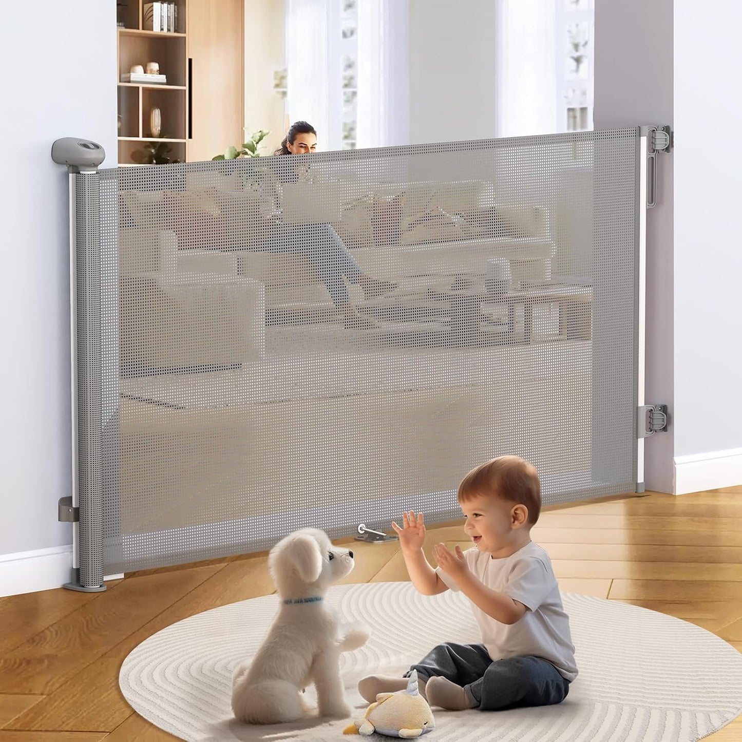 Uamector 138-Inch Extra Wide Retractable Baby Gate & Dog Gate, Reinforced Mesh Safety Gate Adjustable for Large Openings - Stairs, Doorways, Hallways - Indoor/Outdoor Use