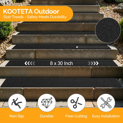 Outdoor Stair Treads Non Slip for Wooden Steps 6" x 30" - 15 Pack Weather Resistant Exterior Grip Tape, Non Slip Stair Treads, Anti Skid Strips, Waterproof 80-Grit High Traction Adhesive Treads, Black