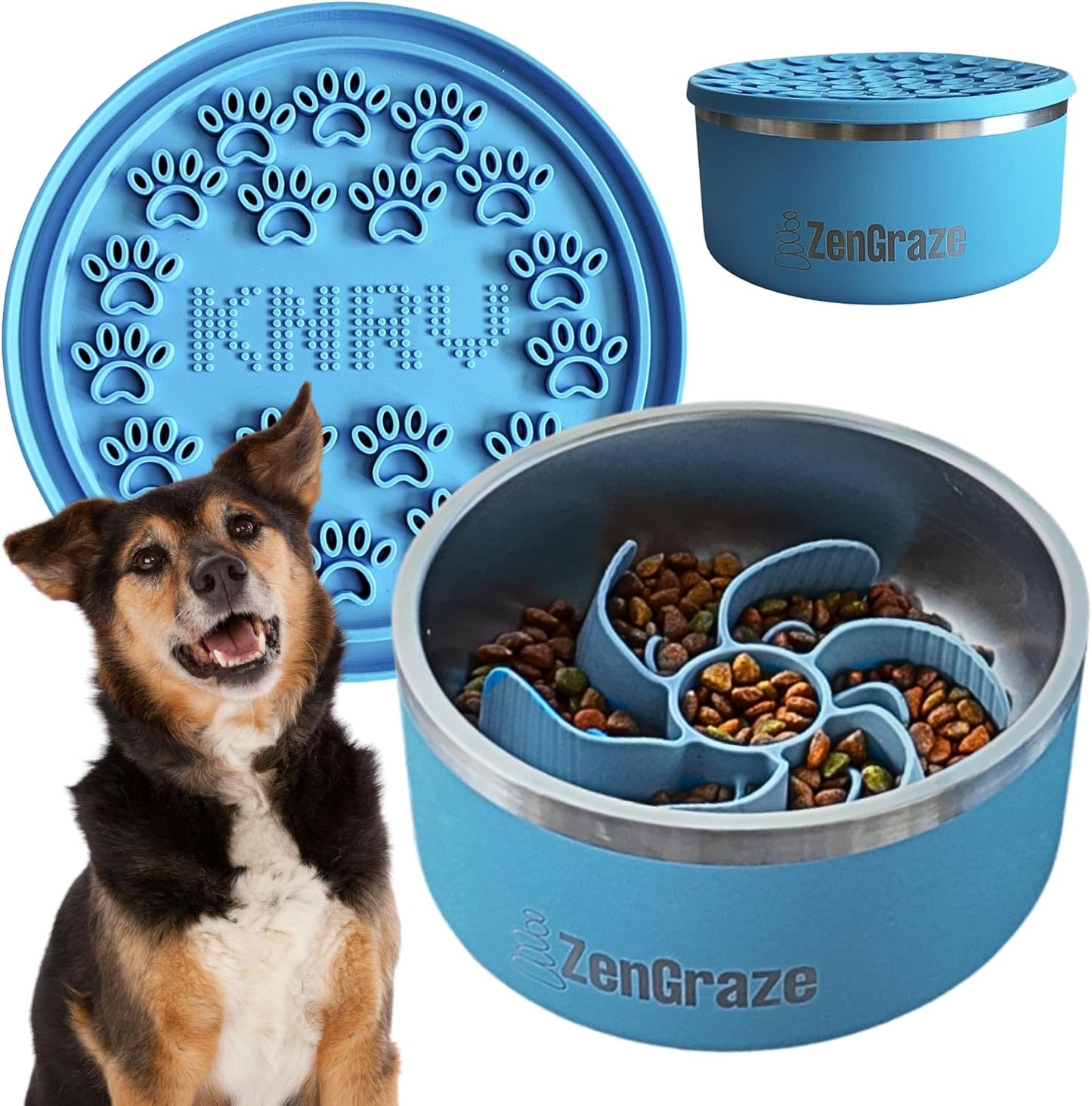 Stainless Steel Slow Feeder Dog Bowl for Large Dogs | 64 oz, Non-Slip Base with Textured Lick Mat Lid & Silicone Slow Feeder Insert – Deep Anti-Gulp Metal Puzzle Bowl for Large Breeds (Steel Gray)