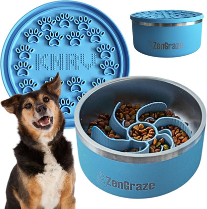 Stainless Steel Slow Feeder Dog Bowl for Large Dogs | 64 oz, Non-Slip Base with Textured Lick Mat Lid & Silicone Slow Feeder Insert – Deep Anti-Gulp Metal Puzzle Bowl for Large Breeds (Steel Gray)