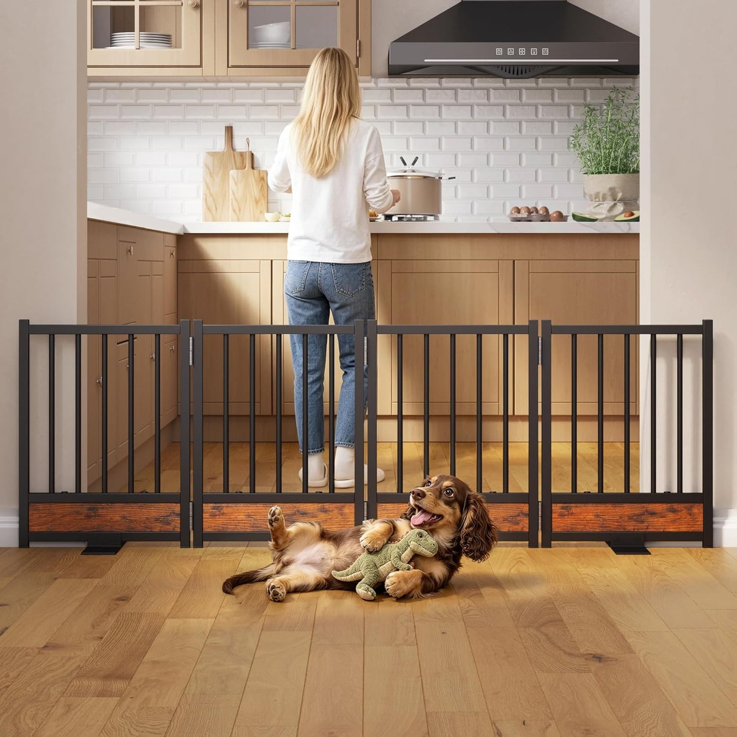 Dog Gate for Small Dogs, 48" No Drill Foldable Reinforced Base Pet Fence, Heavy Duty Step-Over Doorway Puppy Barrier, Anti-Tip Metal Frame, Supports 200+ lbs, Black