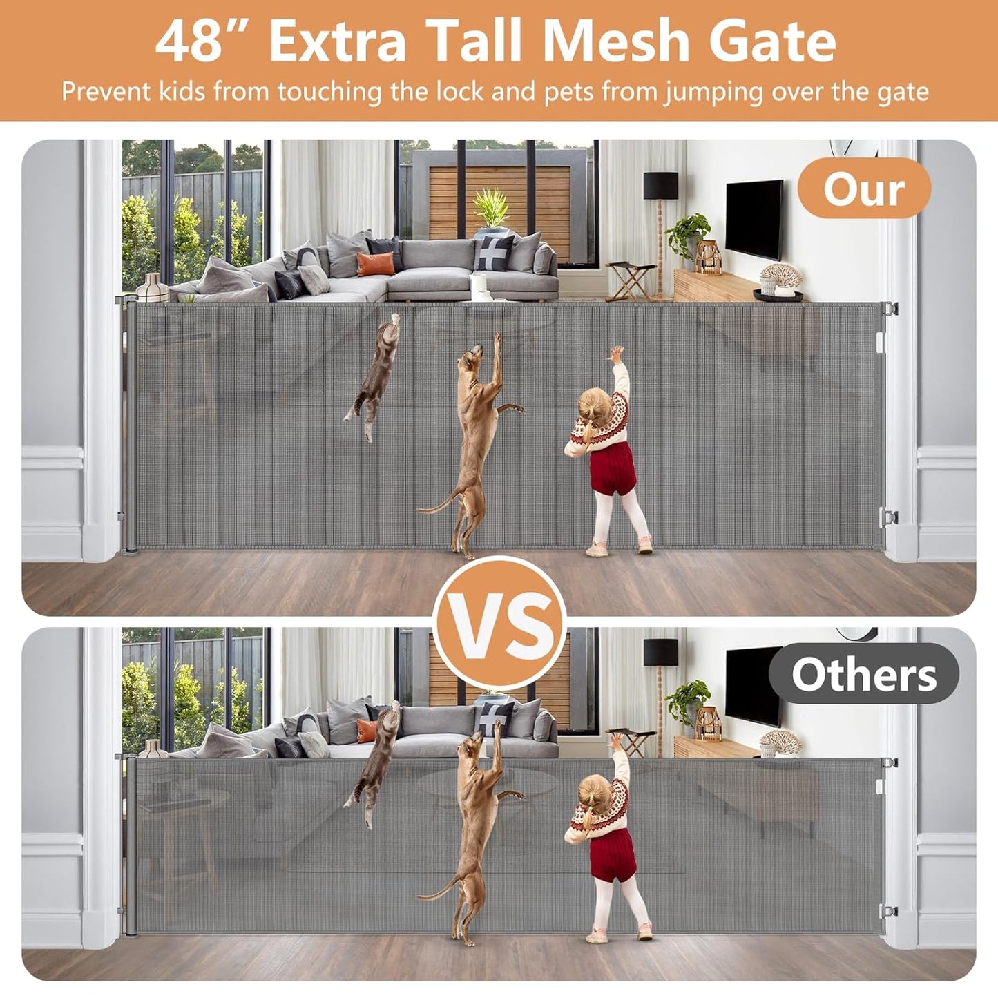 48" Extra Tall Retractable Dog Gate Indoor Prevent Your Baby/Dog/Cat from Jumping Over 55" Wide Extra Tall Retractable Baby Gate for Doorway Mesh Gates for Kids or Pets Puppy Gates for the House, Gray