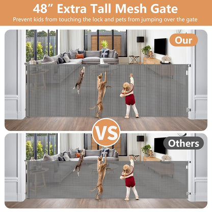 48" Extra Tall Retractable Dog Gate Indoor Prevent Your Baby/Dog/Cat from Jumping Over 55" Wide Extra Tall Retractable Baby Gate for Doorway Mesh Gates for Kids or Pets Puppy Gates for the House, Gray